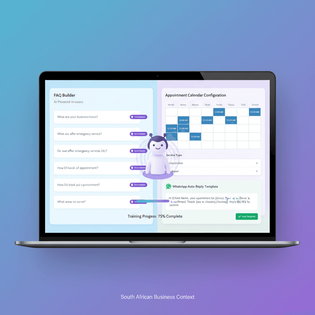 BizAI customization dashboard showing AI training with FAQs, calendar setup, and WhatsApp templates