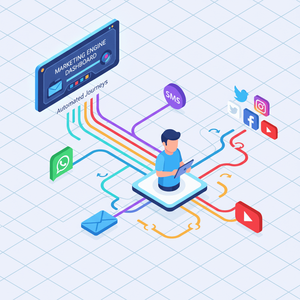 Multi-channel marketing dashboard showing SMS, social media, and ad campaigns