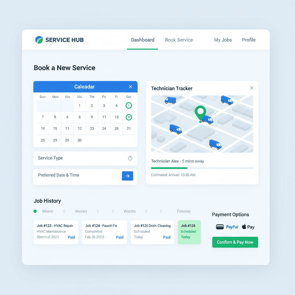 Customer self-service portal showing booking form, live technician tracking, job history, and payment options
