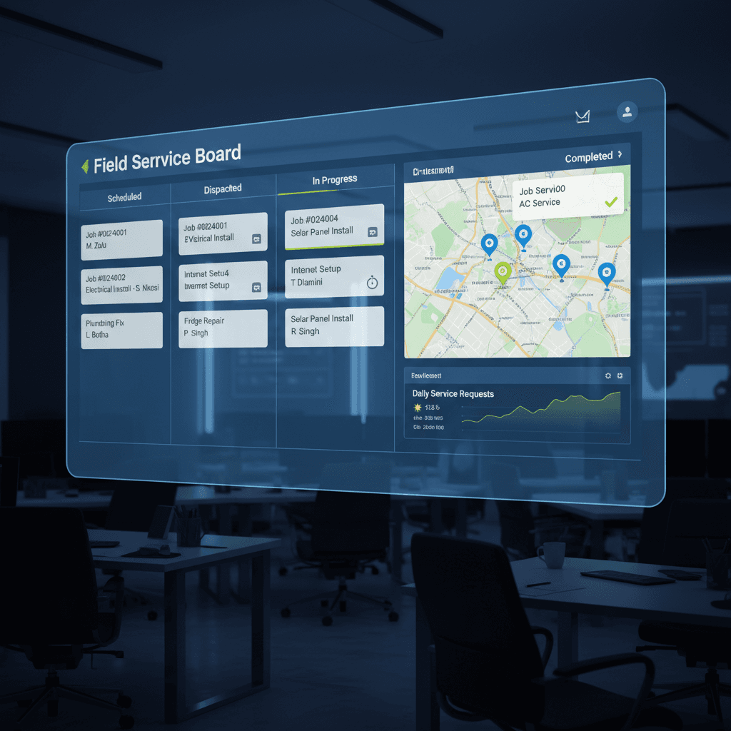 Field service dispatch board showing kanban-style job cards, GPS map, and technician locations