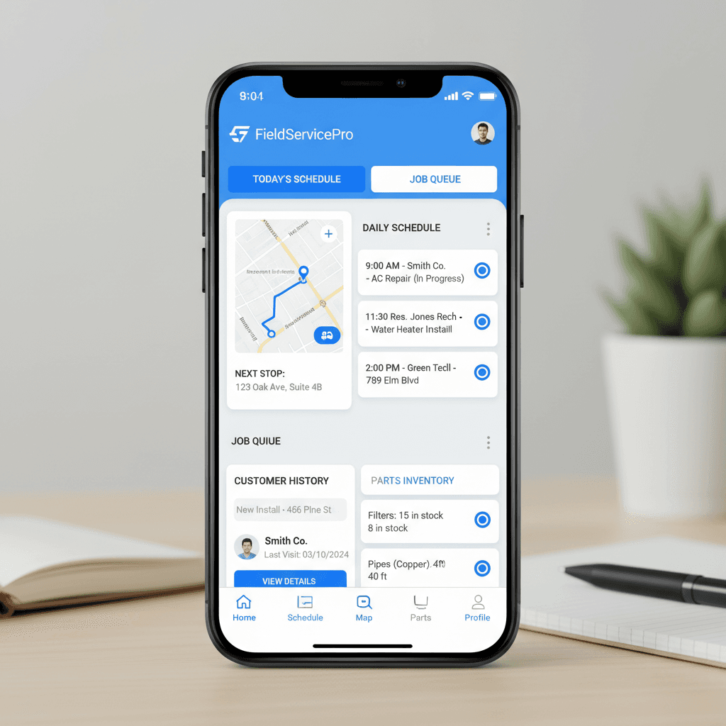 Support Desk mobile app showing daily schedule, job queue, GPS navigation, and customer history