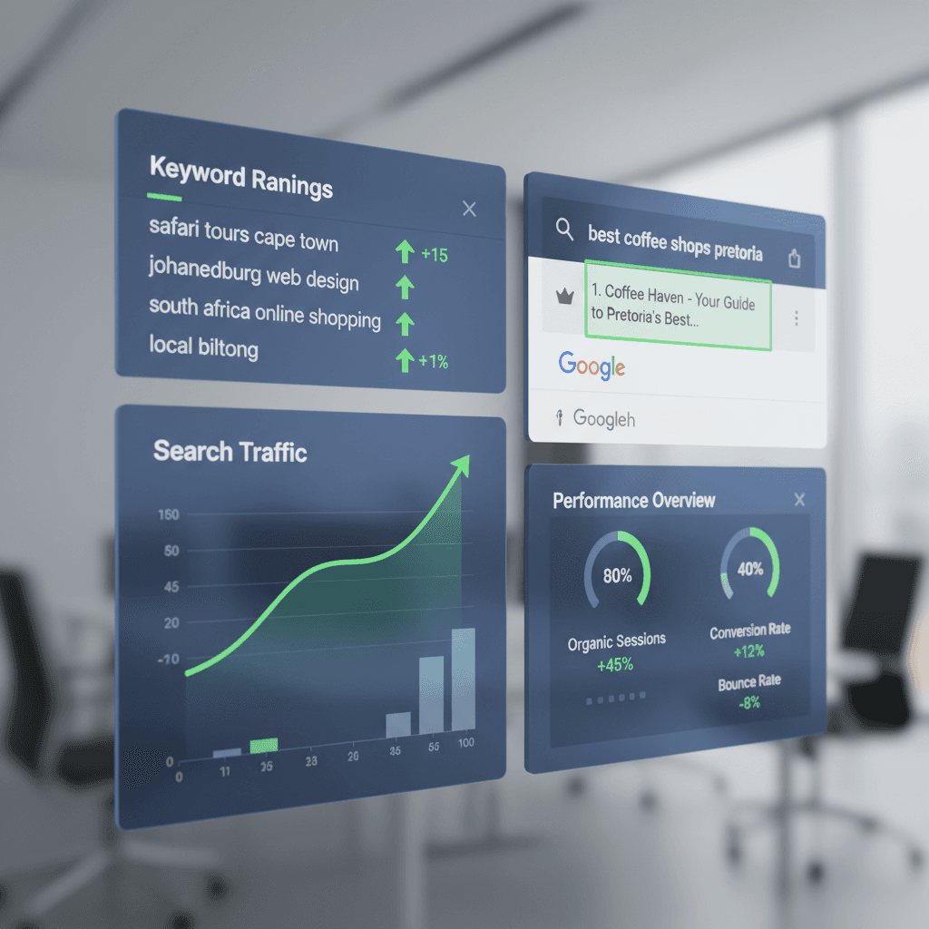 SEO Analytics Dashboard showing keyword rankings and traffic growth