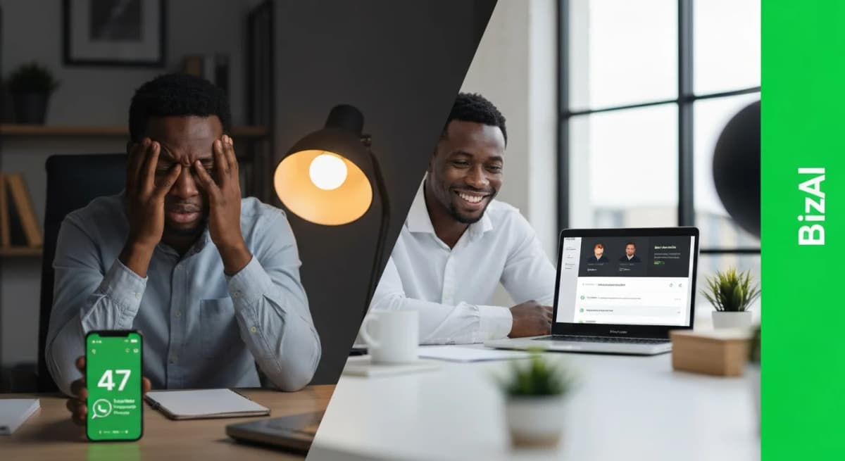 BizAI AI Inbox showing WhatsApp, email, and Instagram messages in one unified dashboard