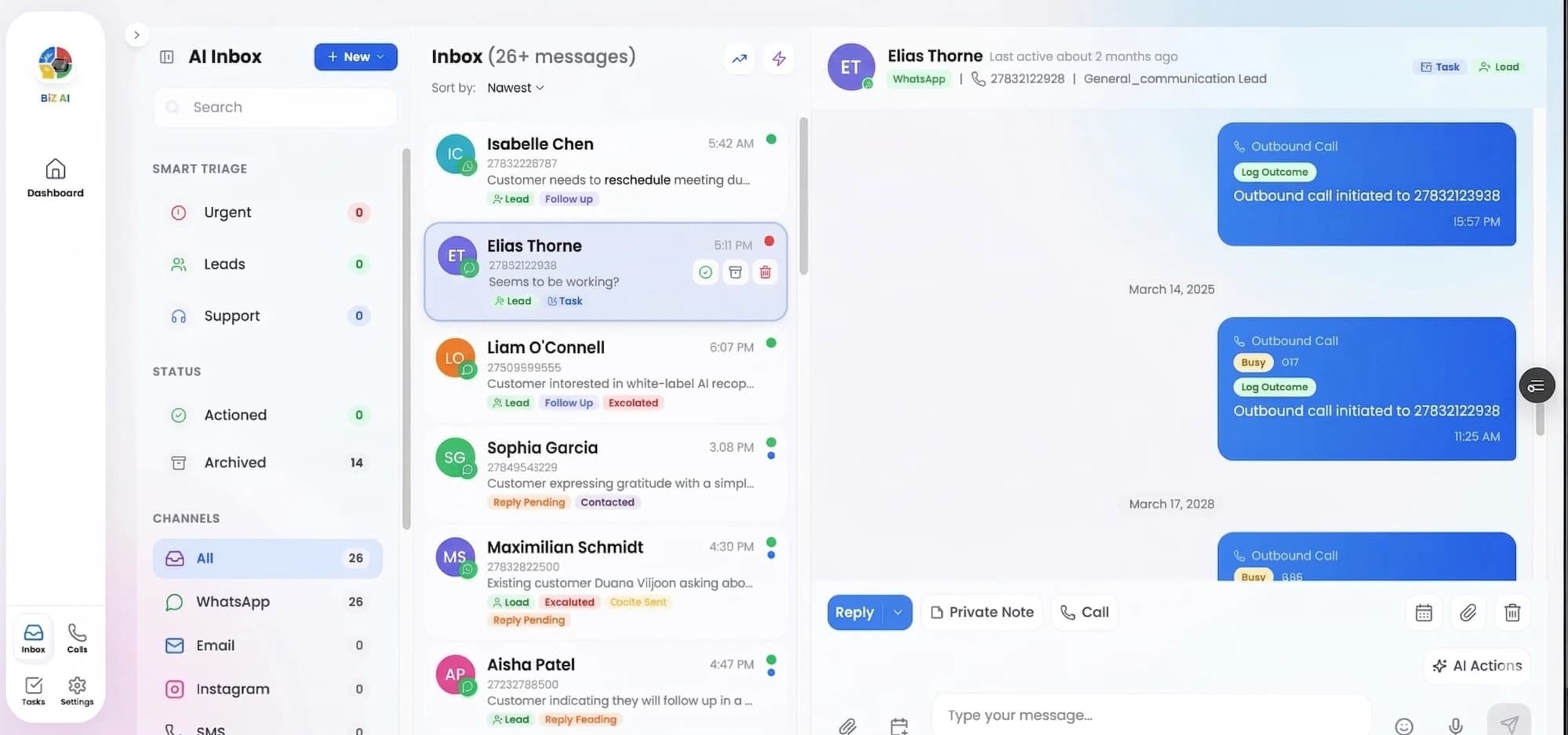 BizAI AI Inbox dashboard - unified messaging showing WhatsApp conversations, email, Instagram, call logs, smart triage labels, and AI actions for South African businesses