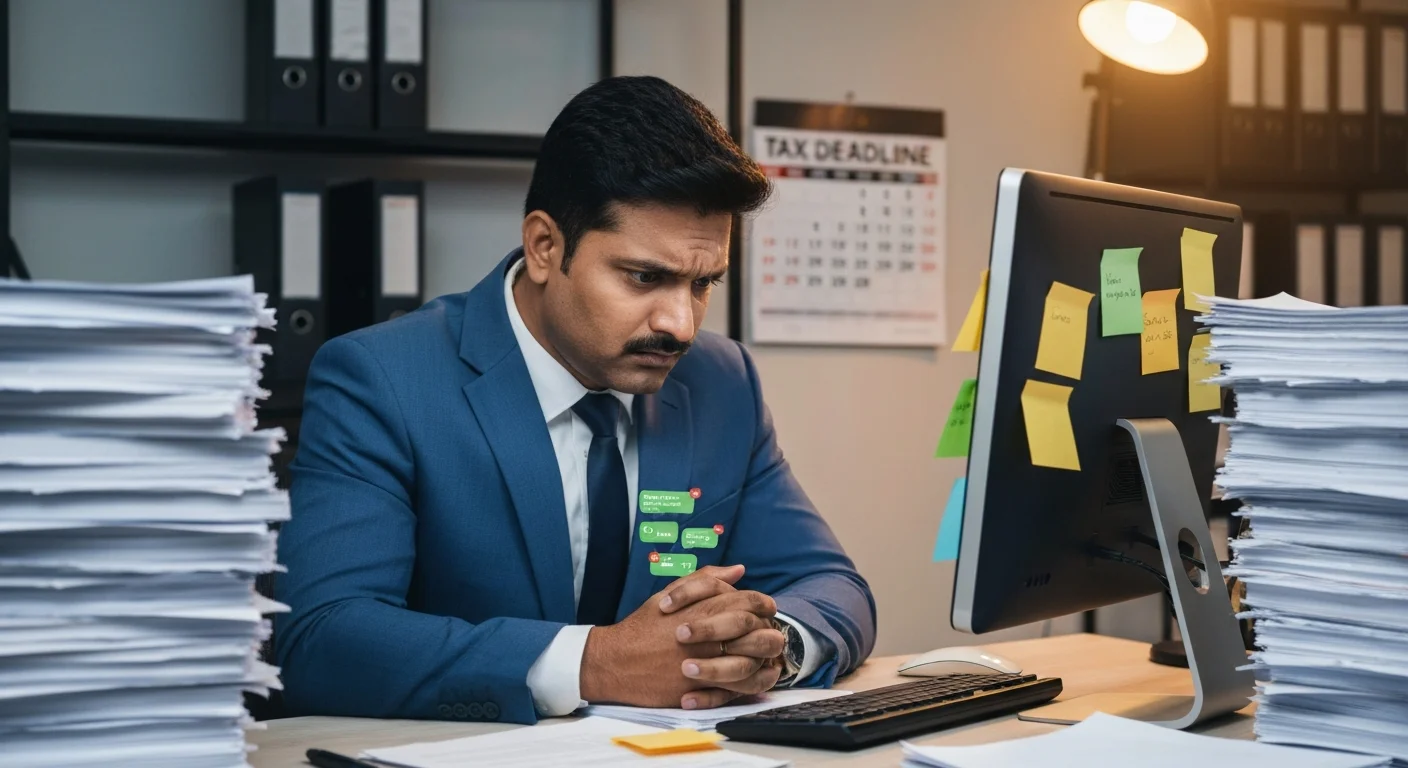 Stressed Johannesburg accountant surrounded by paper documents