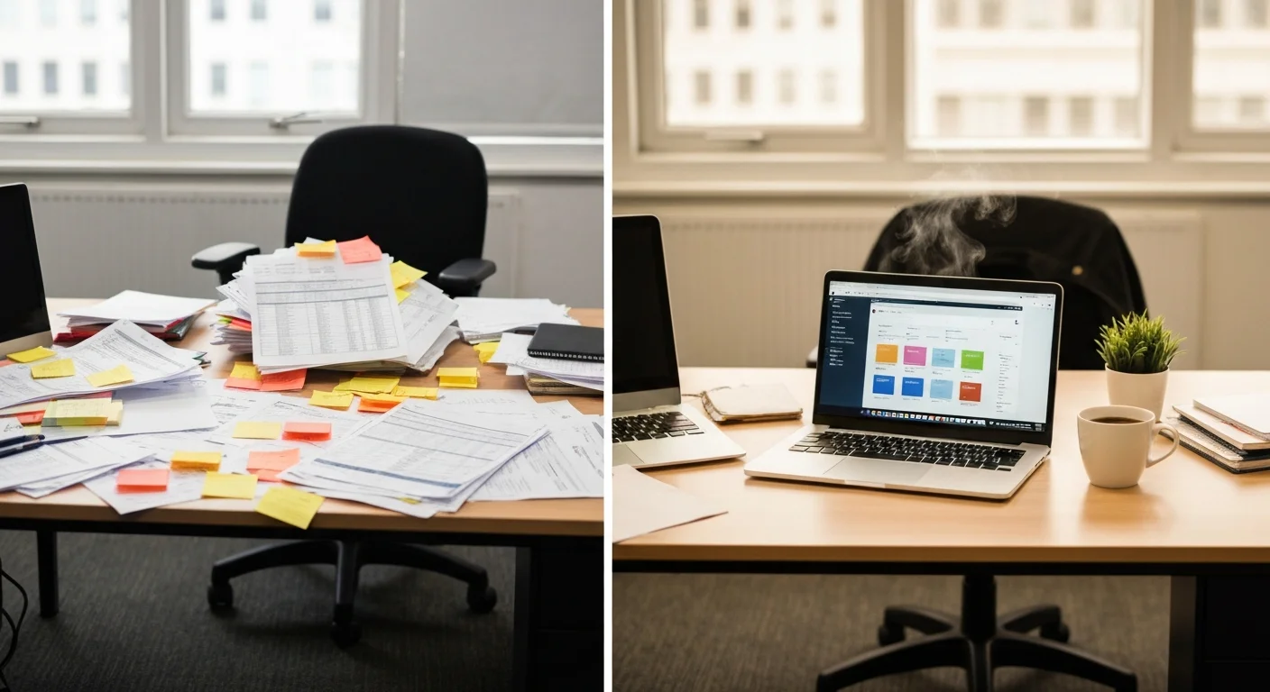 Before and after: messy desk vs organised workspace with CRM