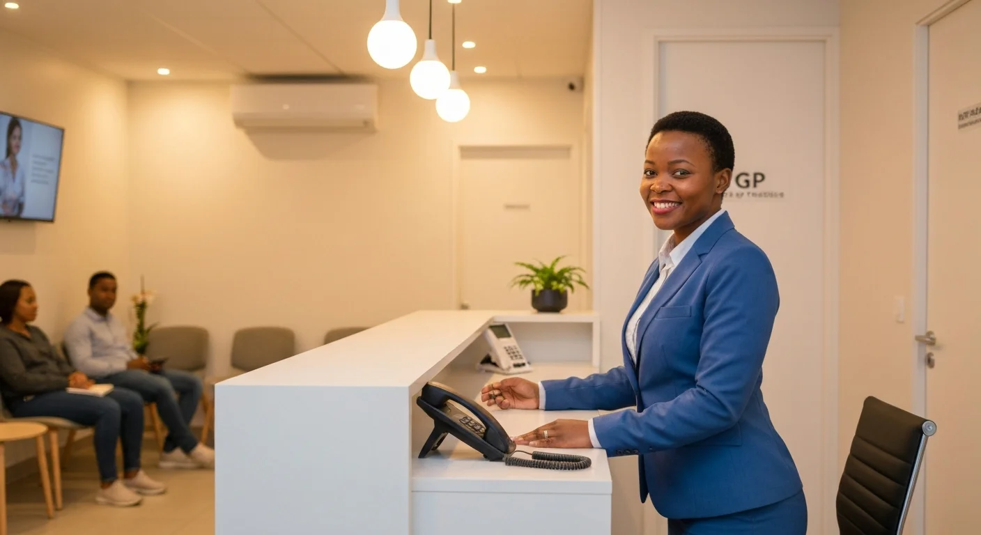 Empty GP practice reception with ringing phone and waiting patients