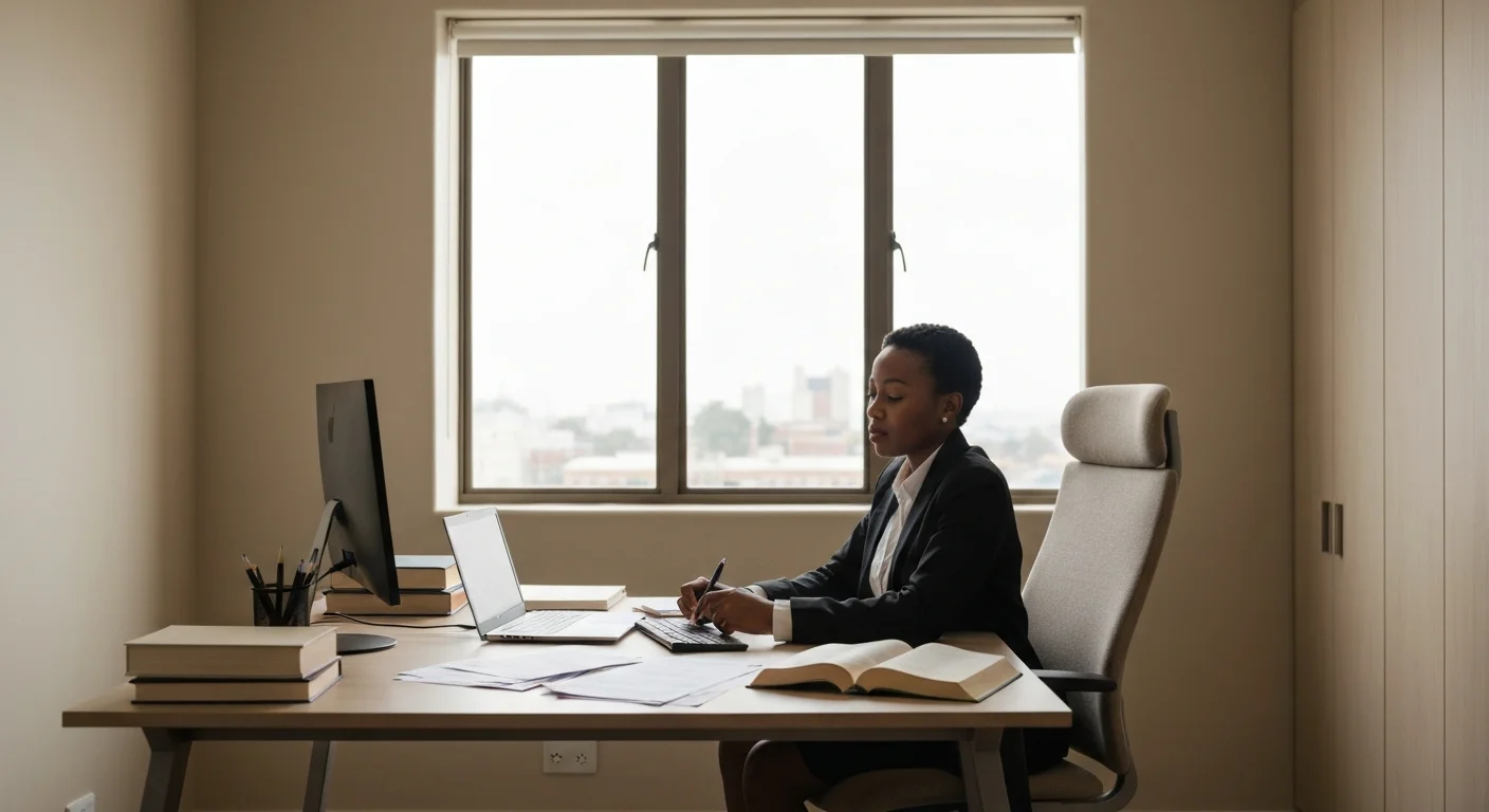 South African attorney at desk with stacked legal files and ringing phone