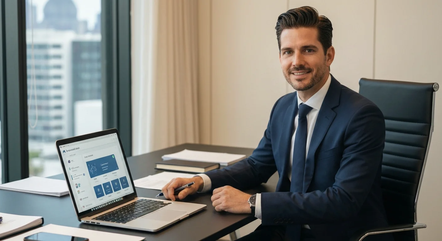 Modern law practice with AI client management on laptop