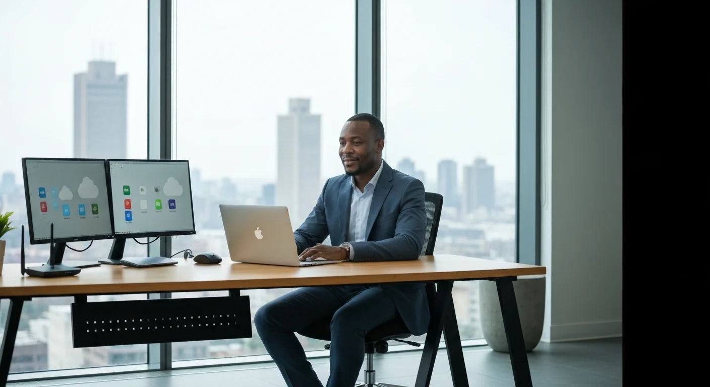 South African business owner reviewing internet connectivity options in a Sandton office