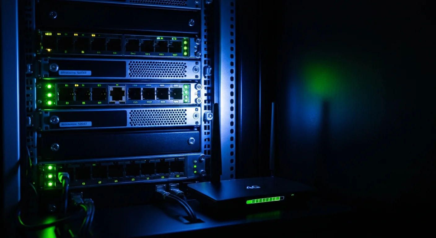 LTE router with 4G signal bars in a Johannesburg server room