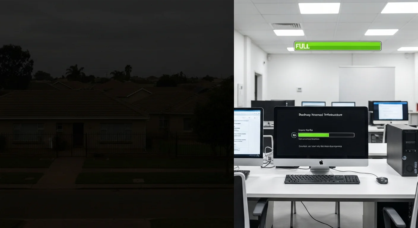 Split view: dark Johannesburg neighbourhood during load shedding vs fully lit business interior still running