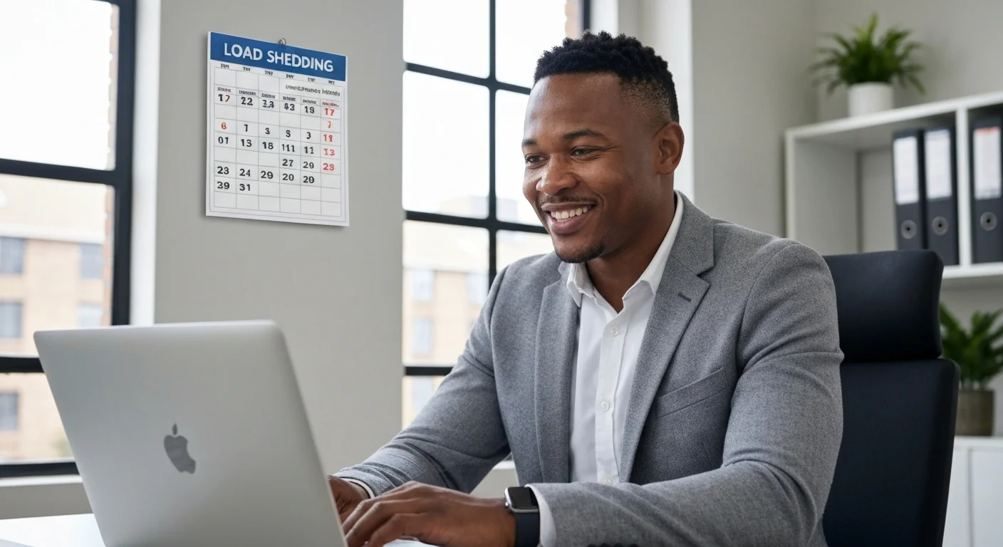 South African business owner smiling while working during load shedding in Johannesburg office